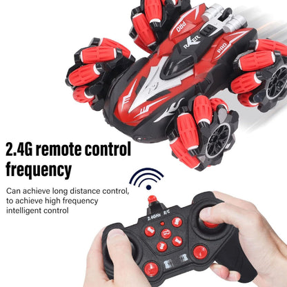 Remote controlled stunt car with 360 degree rotating wheels for kids outdoor racing and play.