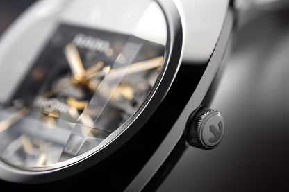 Rado DiaStar automatic watch featuring multi color skeleton dial and exposed mechanical movement