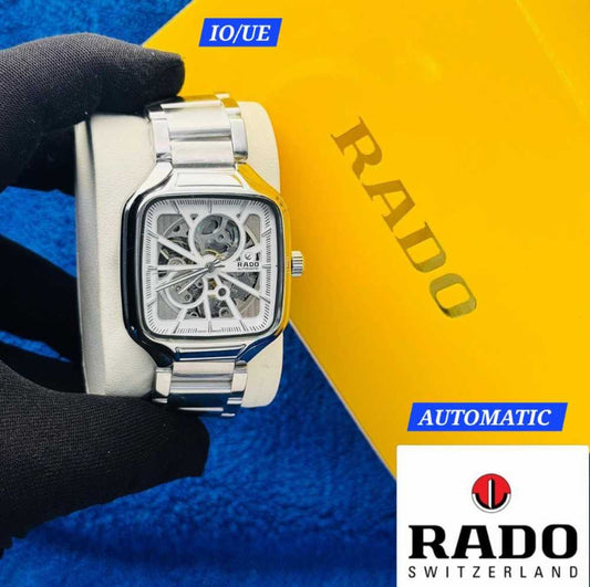 Silver Rado square ceramic watch with Swiss automatic movement on a neutral background
