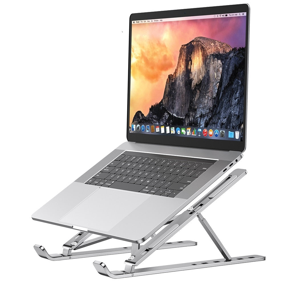 Laptop stand elevating a notebook on a desk for comfortable viewing and typing