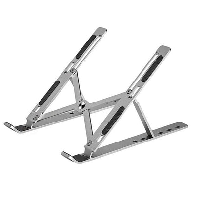 Laptop stand elevating a notebook computer to an ergonomic viewing height on a desk.
