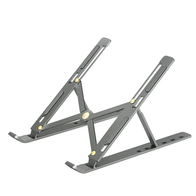 Adjustable laptop stand elevating a notebook for ergonomic desk workspace setup