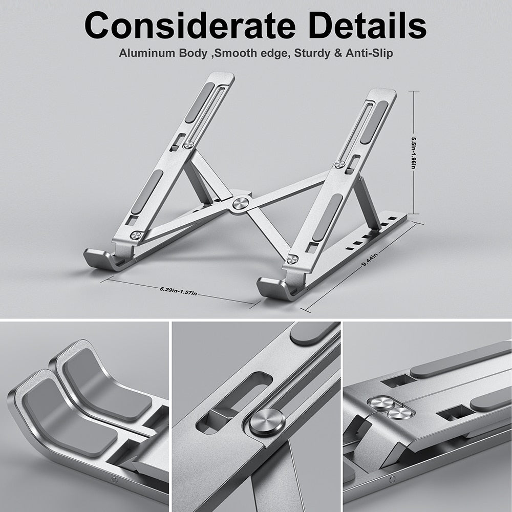 Adjustable laptop stand elevating a computer for ergonomic desk workspace setup