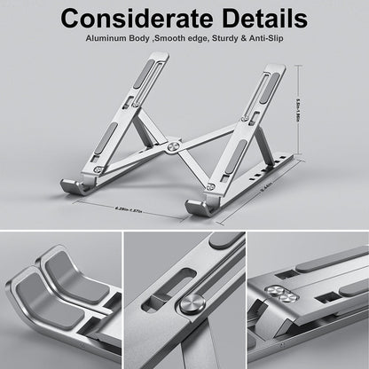 Adjustable laptop stand elevating a computer for ergonomic desk workspace setup