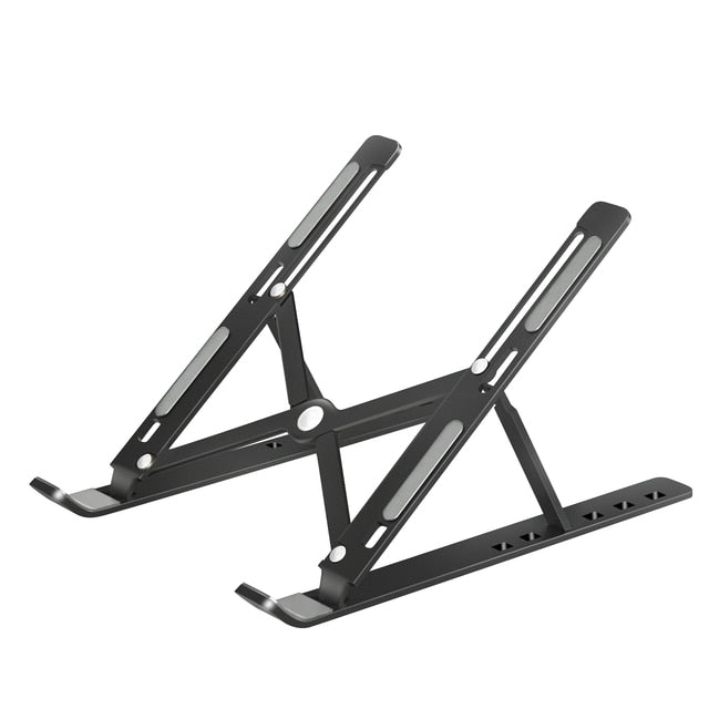 Adjustable laptop stand elevating a notebook on a desk for ergonomic posture and screen alignment.