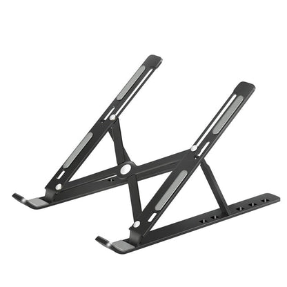 Adjustable laptop stand elevating a notebook on a desk for ergonomic posture and screen alignment.