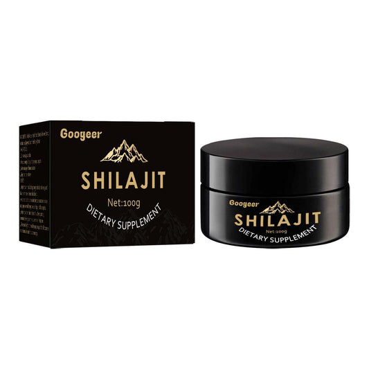 Googeer shilajit resin and dietary supplement capsules displayed for daily vitality and wellness routines