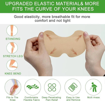 Natural knee pain relief patches shown on a knee joint to support comfort during daily activities.