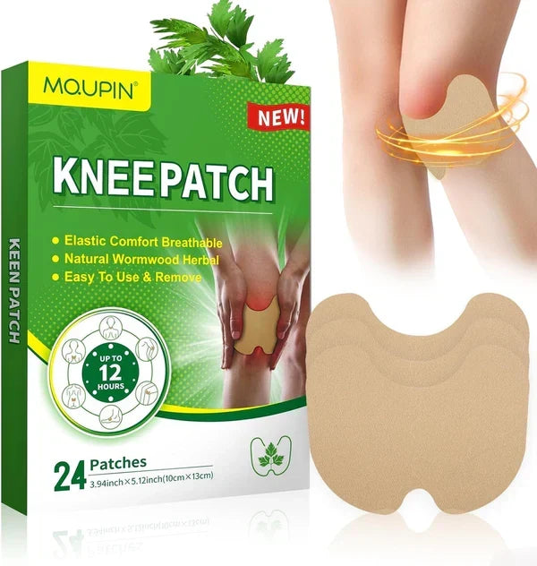 Natural knee pain relief patch applied to joint for targeted comfort during daily activities.