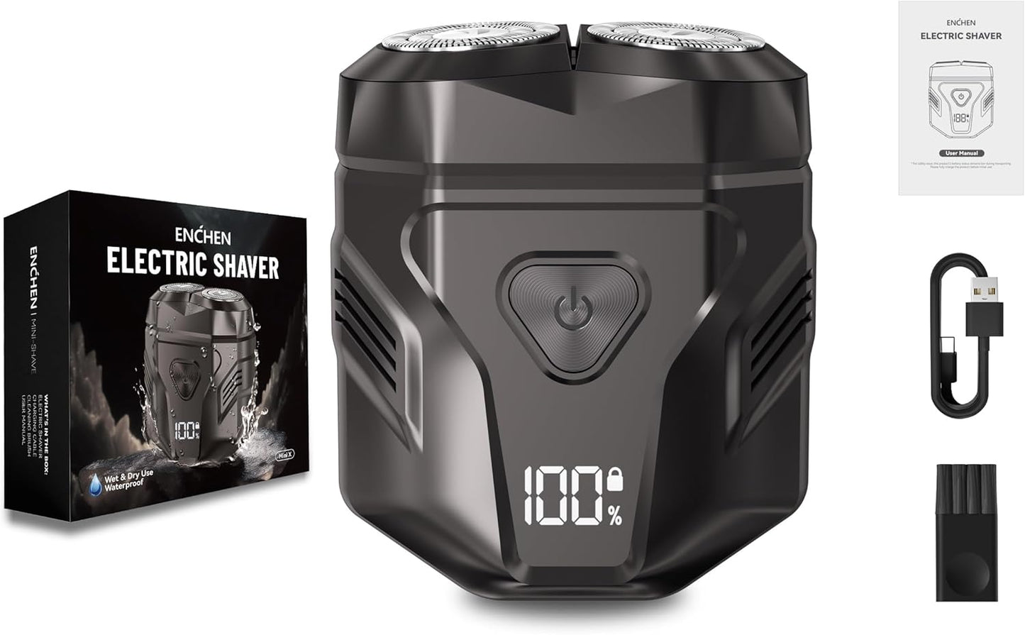 Black BRELZA rechargeable waterproof shaver shown under running water for wet shaving use.