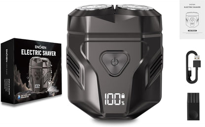 Black BRELZA rechargeable waterproof shaver shown under running water for wet shaving use.