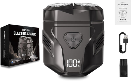 Black BRELZA rechargeable waterproof shaver shown under running water for wet shaving use.