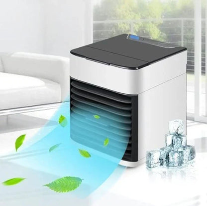 Portable desktop air cooler with LED lamp, USB fan, and air purifier for indoor use.