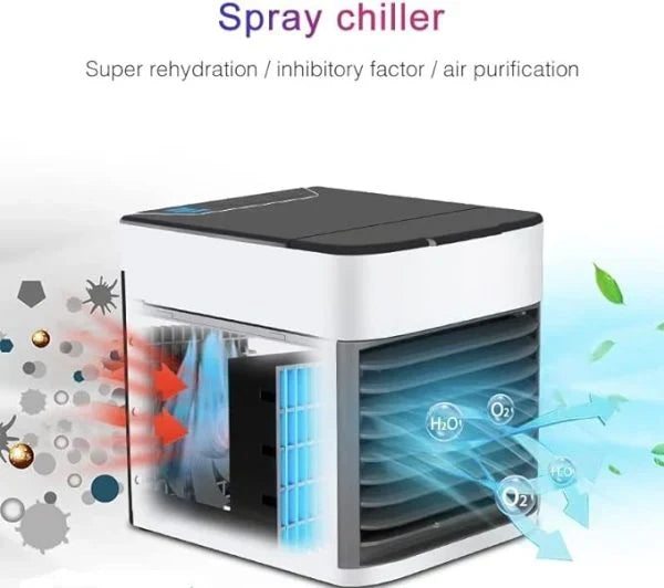 Portable air conditioner fan with LED lamp and humidifier on a home desk