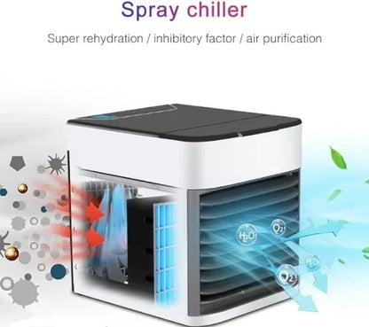 Portable air conditioner fan with LED lamp and humidifier on a home desk