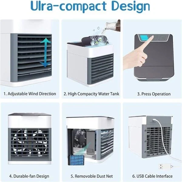 Portable air conditioner fan with LED lamp, humidifier and purifier on a desk
