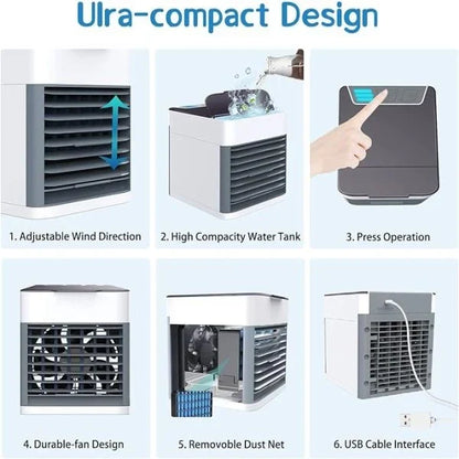 Portable air conditioner fan with LED lamp, humidifier and purifier on a desk