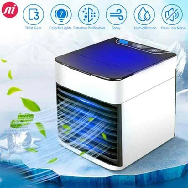 Portable air conditioner fan with LED lamp, humidifier mist, and USB cable for personal desk cooling