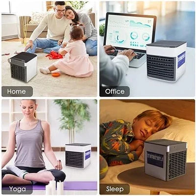 Portable air conditioner fan with LED light, humidifier and purifier on a desk