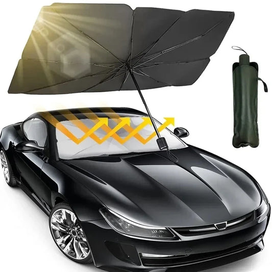 Car windshield umbrella covering front glass to block sunlight and lower vehicle cabin temperature.