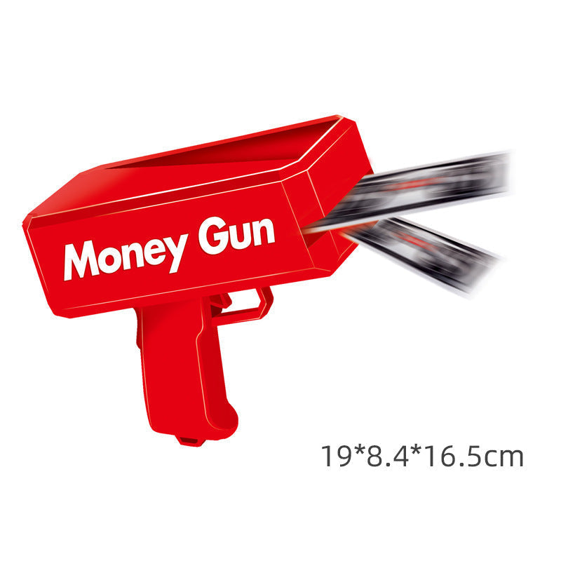 Electric money gun toy shooting paper banknotes for party celebrations and entertainment.