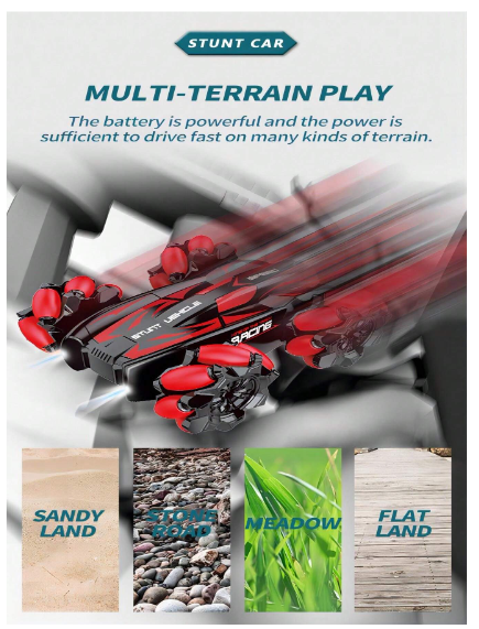 360 degree remote control stunt car toy positioned on a flat surface for children play