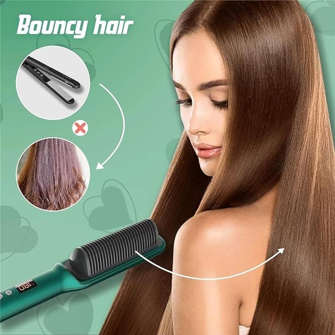 BRELZA 2-in-1 comb hair straightener showing heated bristles and straightening plates for detangling and smoothing