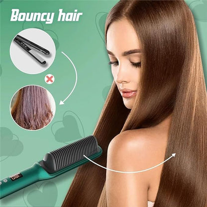 BRELZA 2-in-1 comb hair straightener showing heated bristles and straightening plates for detangling and smoothing