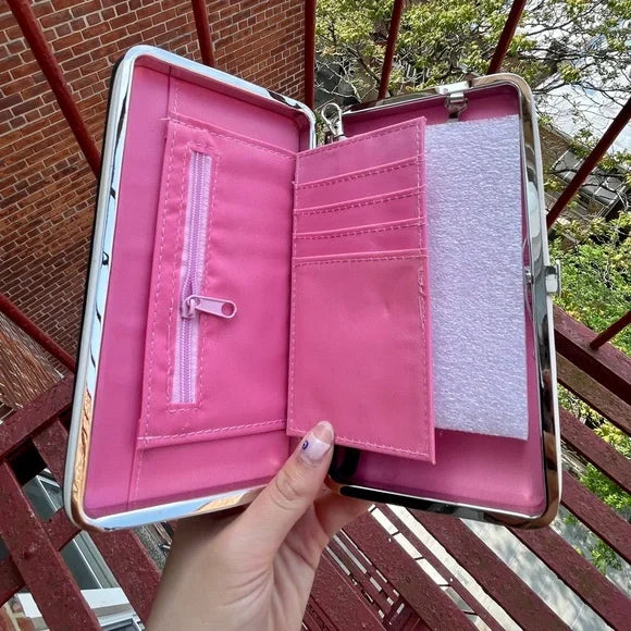 Women multifunctional wallet showing exterior design and interior slots for cards and cash.