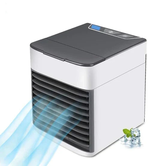 Mini portable air conditioner fan with LED lamp, humidifier, and air purifier for desktop cooling