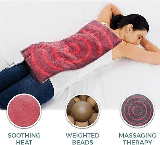 BRELZA multi-purpose electric heating pad placed on a bed for back and neck heat therapy.