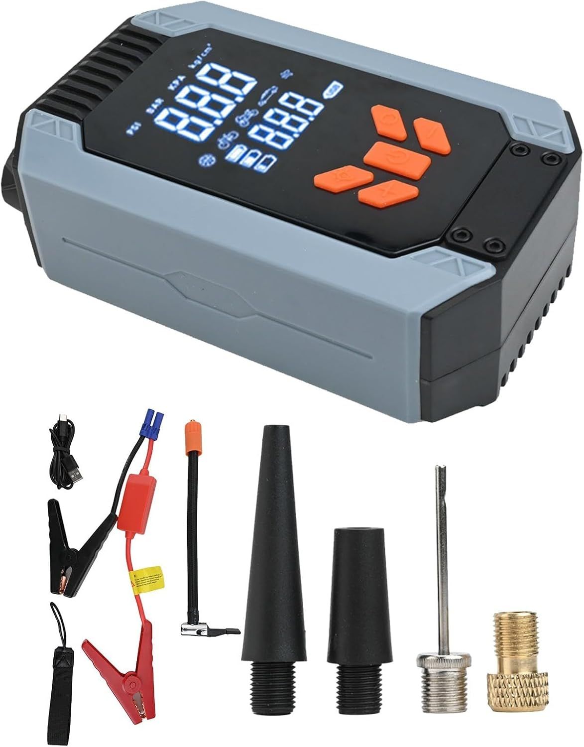 Portable car jump starter with 150 PSI air pump and power bank for roadside emergencies