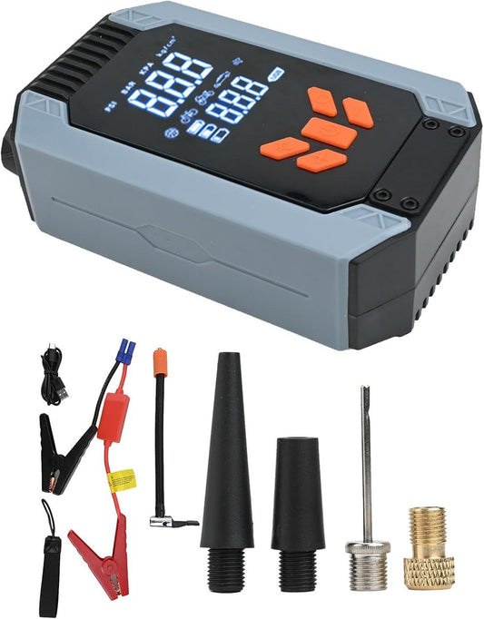 Portable car jump starter with 150 PSI air pump and power bank for roadside emergencies