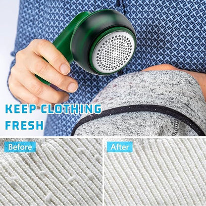 BRELZA rechargeable lint remover clearing fabric pills from a wool sweater