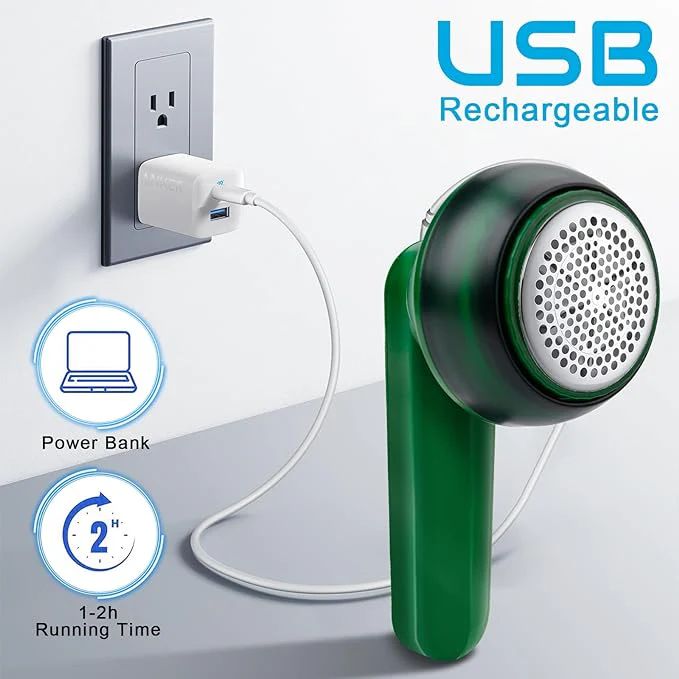 BRELZA rechargeable lint remover resting on a folded sweater for safe fabric pill removal