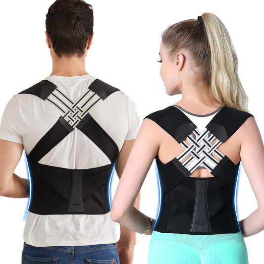 Adjustable BRELZA posture belt worn on the upper back for daily spinal support