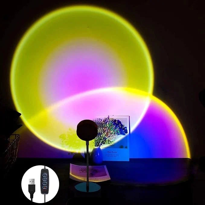 LED sunset lamp projecting a warm circular glow onto a wall for indoor home decor