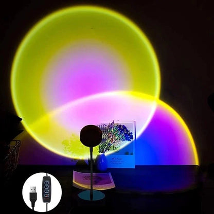 LED sunset lamp projecting a warm circular glow onto a wall for indoor home decor