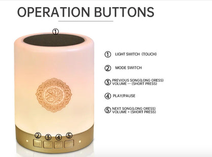 Close up of the touch operation buttons on the smart Quran speaker lamp control panel.
