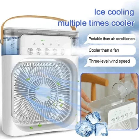 Portable mini USB cooling fan with water mist spray for desk and travel use.