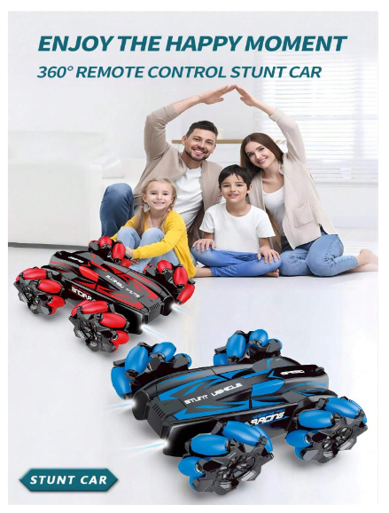 Remote controlled 360 degree stunt car with wireless controller for outdoor play and racing