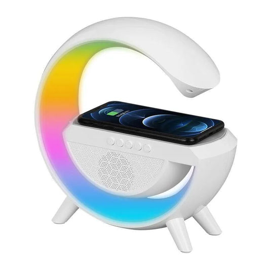 Compact LED wireless charger speaker with Bluetooth audio and ambient lighting for nightstands.