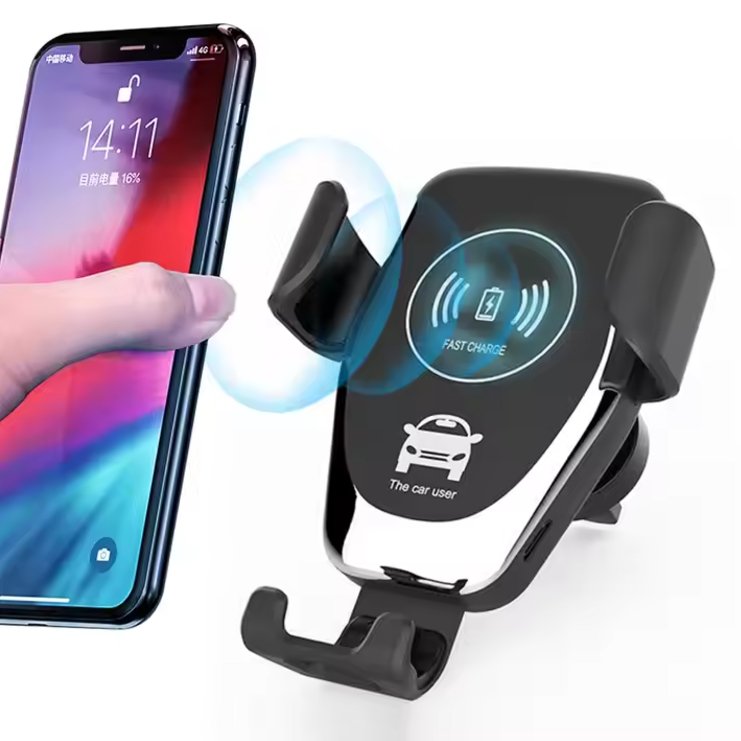 Auto clamping wireless car charger mounted on vehicle dashboard holding smartphone for navigation.
