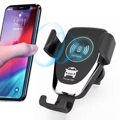 Auto clamping wireless car charger mounted on vehicle dashboard holding smartphone for navigation.