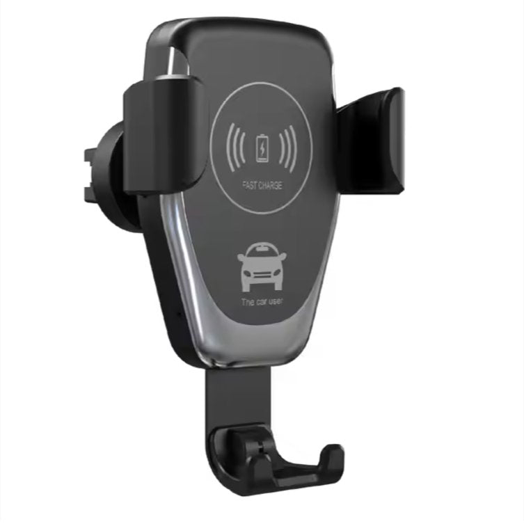 Auto clamping wireless car charger mounted on a vehicle dashboard holding a smartphone