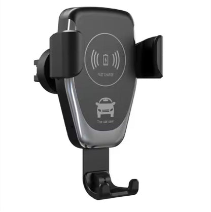 Auto clamping wireless car charger mounted on a vehicle dashboard holding a smartphone