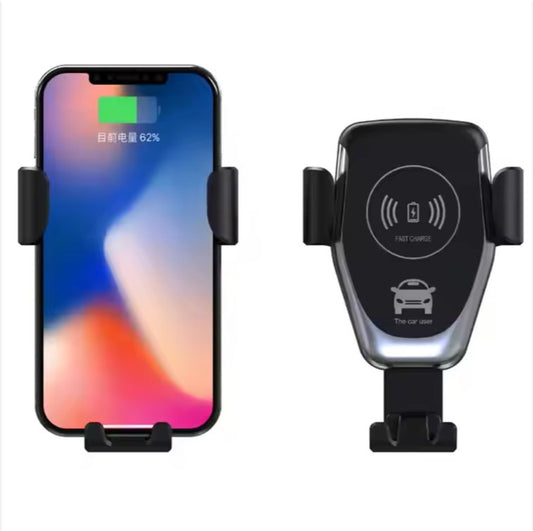 Auto clamping wireless car charger mounted on a car dashboard holding a smartphone for in-car charging.