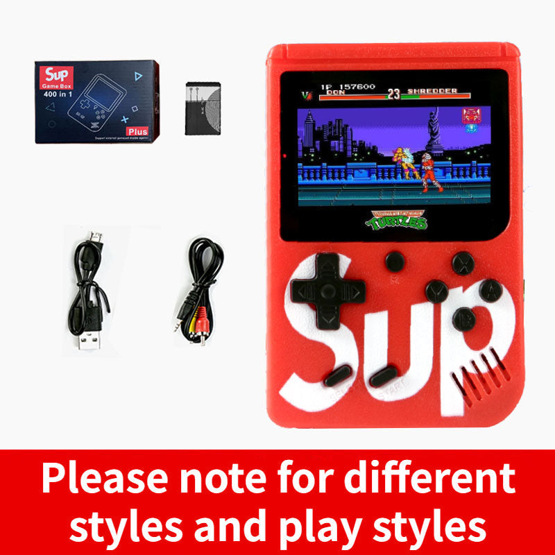 Portable Sup Game Box Plus handheld gaming device showing 400 in 1 classic arcade games